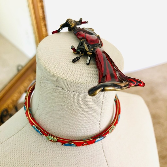 Vintage Red Asian Geisha Brooch & Bangle Bracelet - Picture 2 of 11